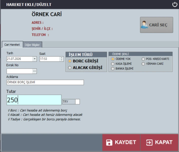 cari borç alacak ekleme ekranı